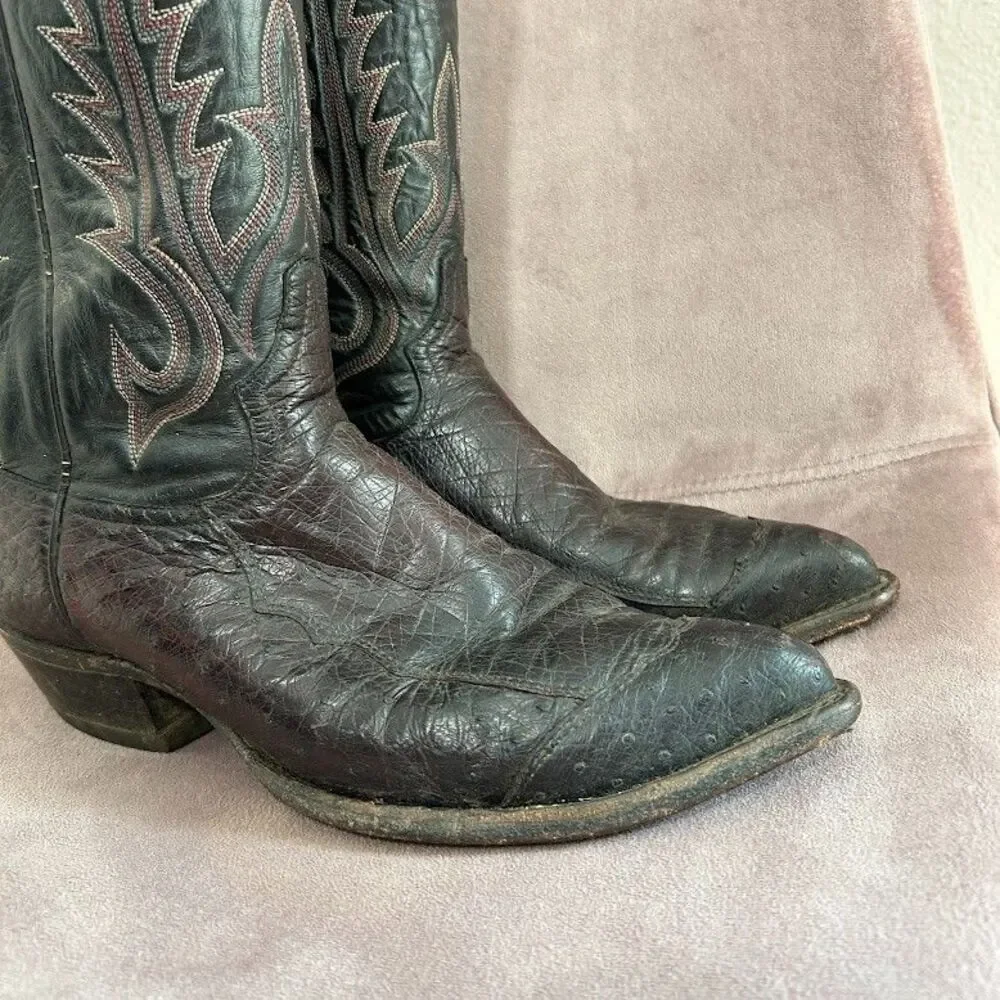 Vintage Men's Tony Lama Black Ostrich Leg Cowboy Boots J-Toe Size 9 Black Red